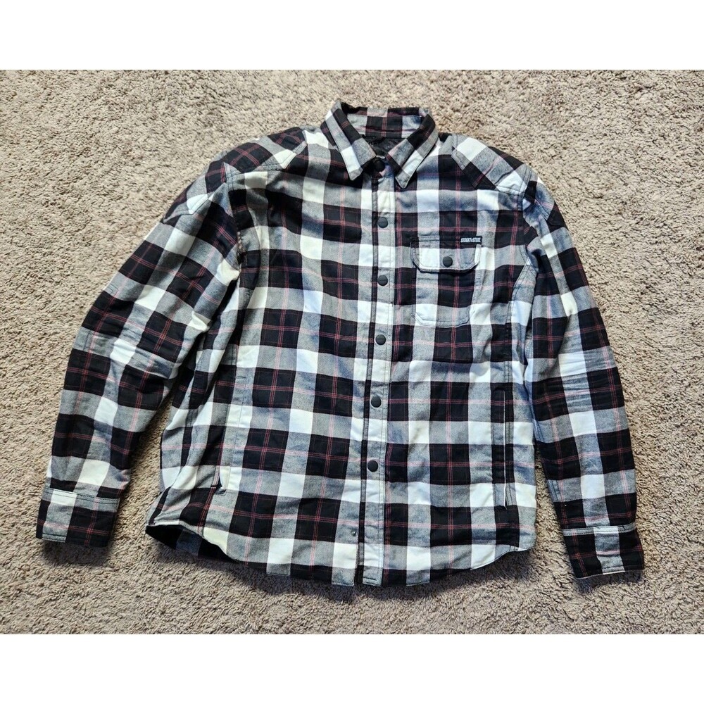 Street & Steel Mission Mens XL Moto Riding Flannel Shirt Black White Red Plaid